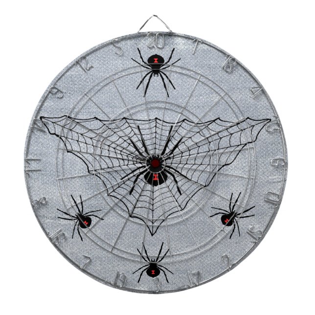 Black Widow Spiders Red Markings Web on White Dartboard With Darts (Front)