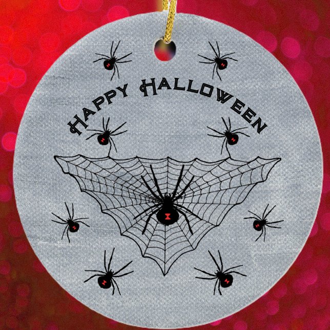 Black Widow Spiders Red Marks in Web White Ceramic Ornament (Black widow spiders red marks in black triangular web on rustic white Halloween ceramic ornament.)