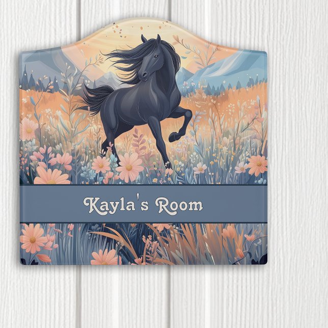 Black Wild Horse Mustang Wildflowers Girls Door Sign (Black Wild Horse Mustang Wildflowers Girls Door Sign. Personalize this equine custom door sign.)