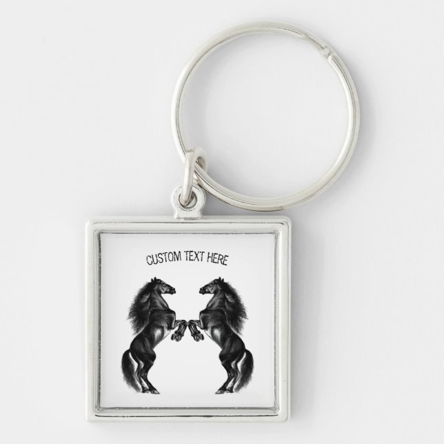 Black Wild Horses Keychain with Custom Text (Front)