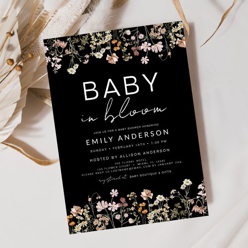 Wildflower Black Floral or wildflower baby shower invitation