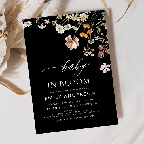 Wildflower Black Floral or wildflower baby shower invitation