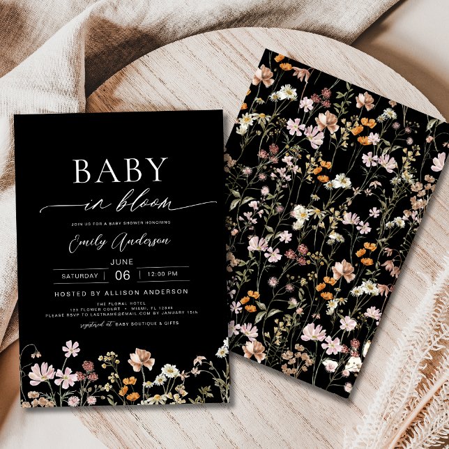 Black Wildflower Baby in Bloom Baby Shower Invitation (Creator Uploaded)