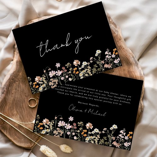 Black Wildflower Baby in Bloom Baby Shower Thank You Card