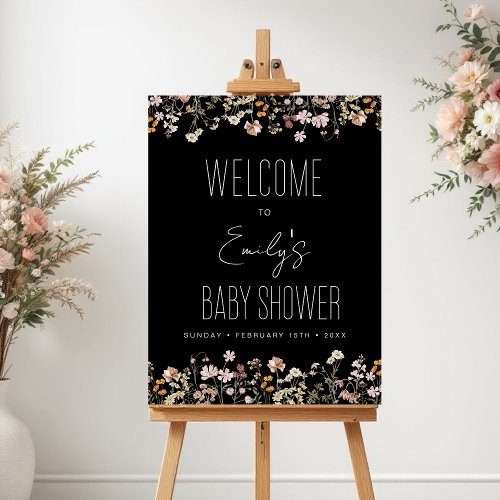 Black Wildflower Baby Shower Welcome Sign by Pretty Girly Designs