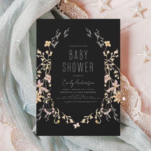 Black Wildflower Boho Baby Shower Elegant Invitation