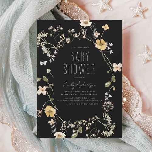 Black Wildflower Boho Baby Shower Elegant Modern Invitation