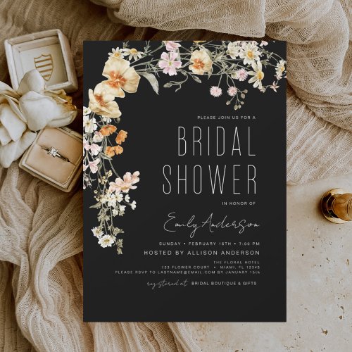 Black Wildflower Bridal Shower Boho Elegant Invitation