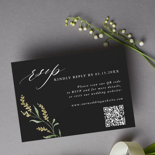 Black Wildflower Elegant Wedding QR Code RSVP Card