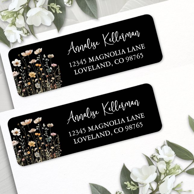 Black Wildflower Floral Return Address Label (Black Wildflower Floral Return Address Label )