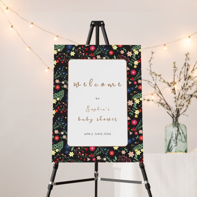 Black Wildflower Frame Welcome Sign Baby Shower (In Situ (Stand))