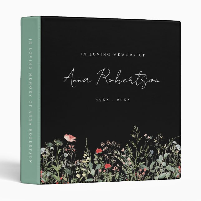 Black Wildflower Funeral Memory Album 3 Ring Binder (Front/Spine)