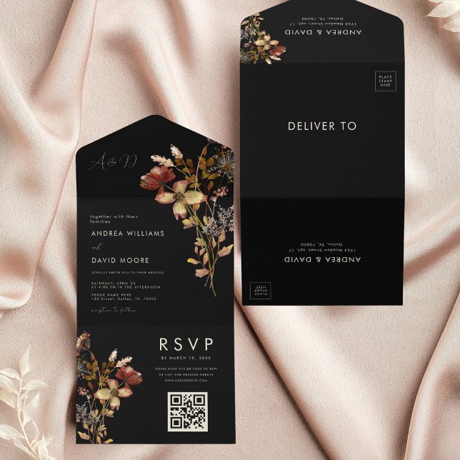 Black Wildflower Garden Autumn Botanical Wedding   All In One Invitation (Creator Uploaded)