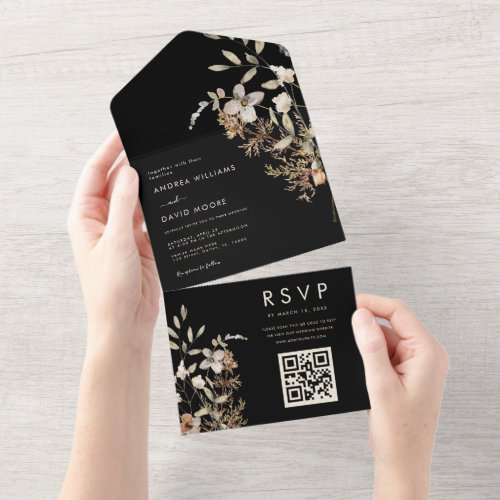Black Wildflower Garden Fall Botanical Wedding All In One Invitation