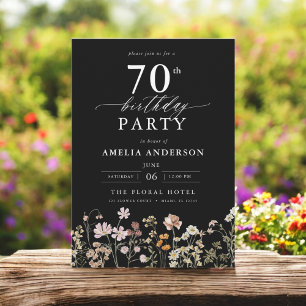 Black Wildflower Garden Floral 70th Birthday Invitation