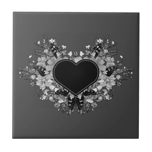 Black Wildflower Heart Ceramic Tile (Front)