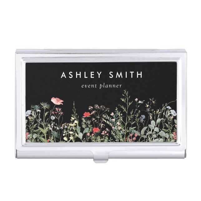 Black Wildflower Meadow Business Card Case (Front)