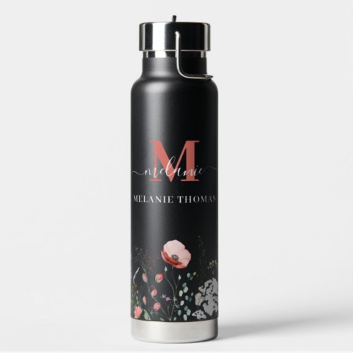 Black Wildflower Meadow Custom Name Monogram Water Bottle