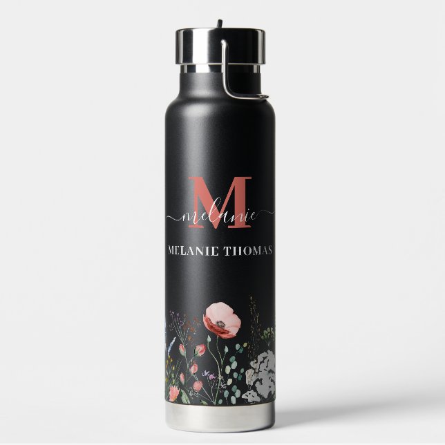Black Wildflower Meadow Custom Name Monogram Water Bottle (Left)