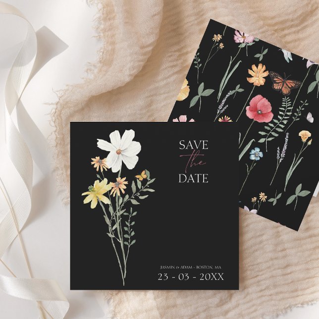 Black Wildflower Minimal Floral Save the Date (Creator Uploaded)