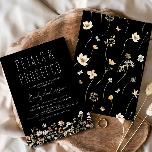 Black Wildflower Petals & Prosecco Bridal Shower  Invitation (Creator Uploaded)