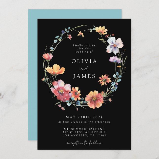 Black Wildflower QR Code Wedding Invitation (Front/Back)