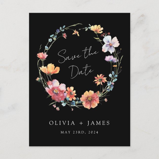 Black Wildflower Wedding Save the Date Invitation Postcard (Front)