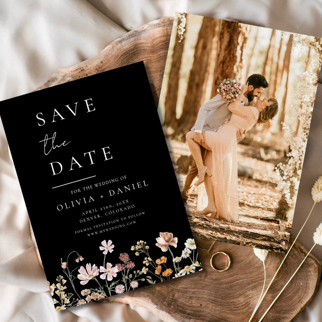 Black Wildflowers Photo Boho Save the Date (Creator Uploaded)