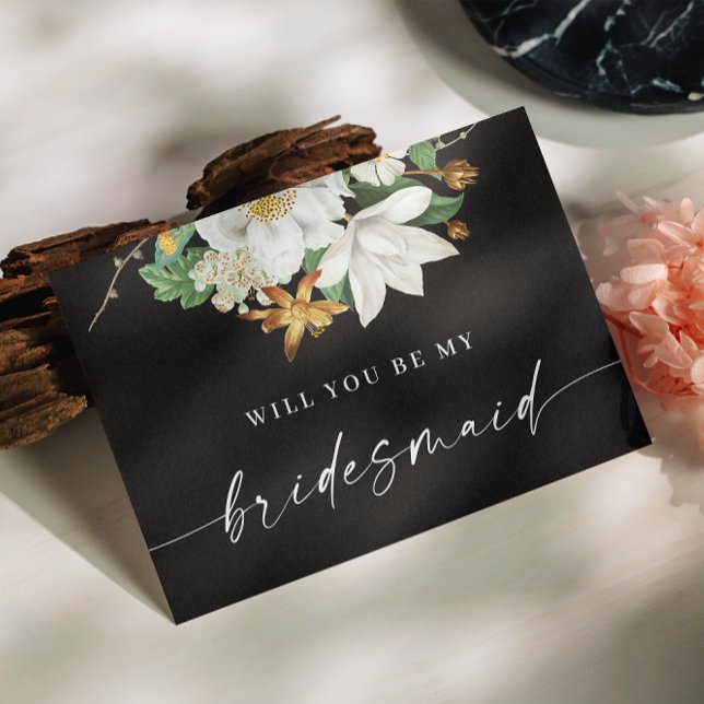 Black Will You Be My Bridesmaid | White Floral Postcard (Creator Uploaded)