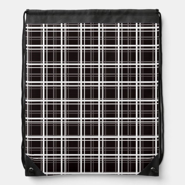 Black Windowpane Plaid Grid Stripes Pattern Design Drawstring Bag (Front)