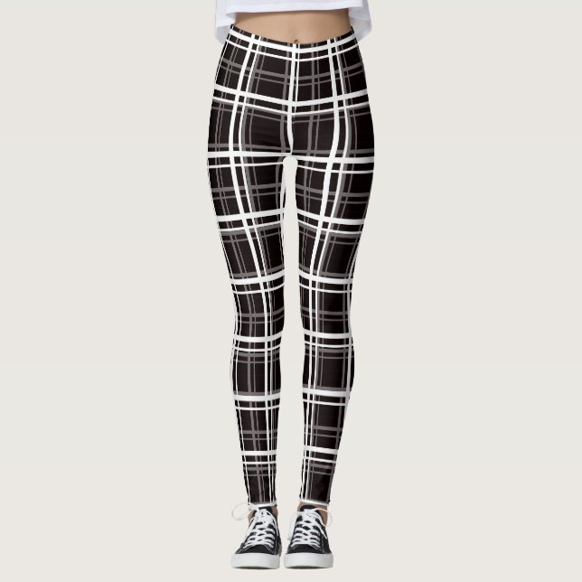 Black Windowpane Plaid Grid Stripes Pattern Design Leggings (Front)