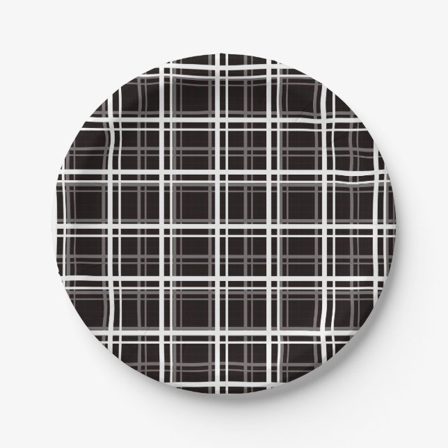 Black Windowpane Plaid Grid Stripes Pattern Design Paper Plates (Front)
