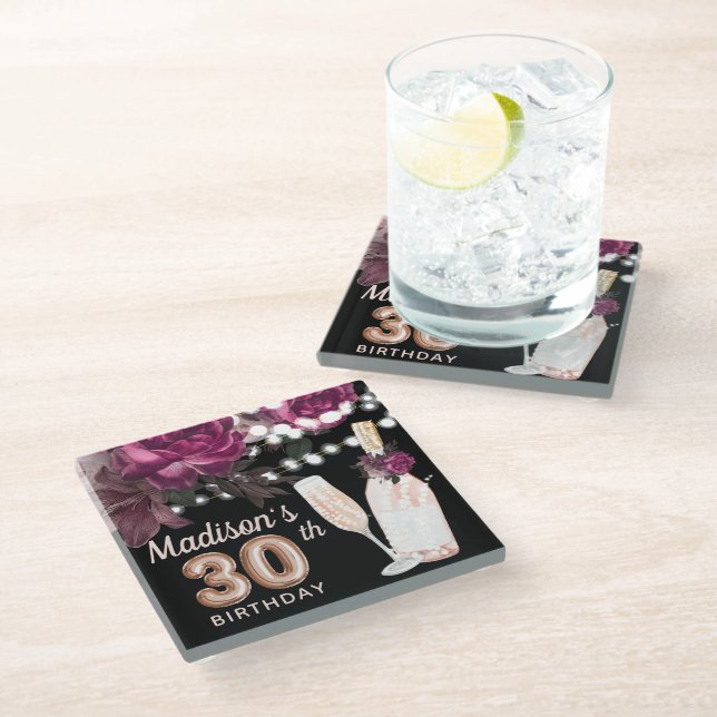 Black Wine Personalized Luxury 30th Birthday Glass Coaster (Angled)