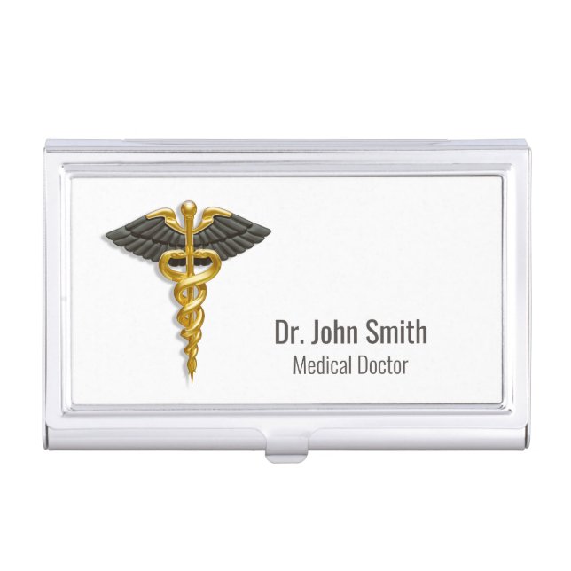 Black Wings Elegant Gold Caduceus Classy Medical Business Card Case (Front)