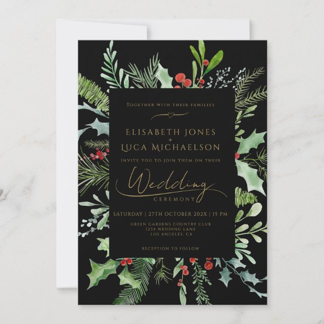 Black Winter Berry Leaf Botanical Monogram Wedding Invitation (Front)