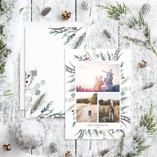 Black Winter Botanicals 3 Photo Holiday Card