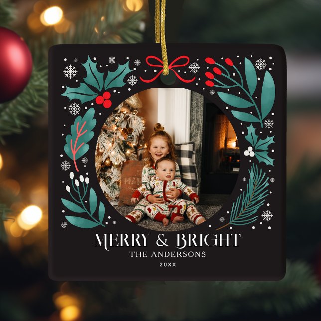 Black Winter Botanicals Christmas Photo Ceramic Ornament (Creator Uploaded)