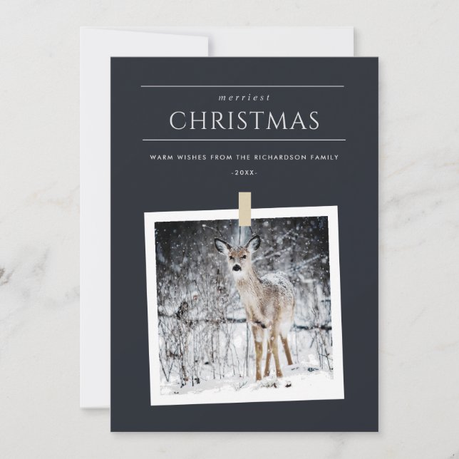 BLACK WINTER PHOTO SNOW DEER MERRIEST CHRISTMAS HOLIDAY CARD (Front)