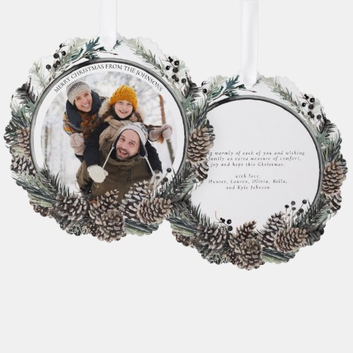 Black Winter Pine Merry Christmas Photo Wreath Ornament Card