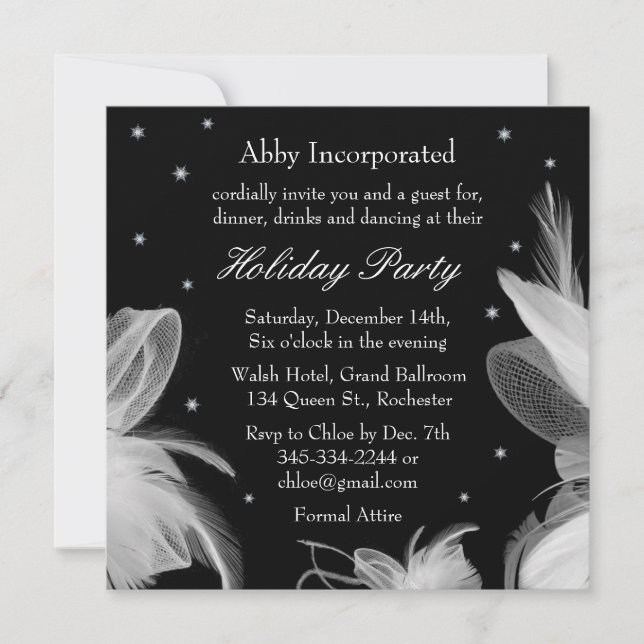 Black Winter White Feathers Holiday Invitation (Front)