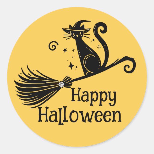 Black Witch Cat on Broomstick Halloween Classic Round Sticker (Front)