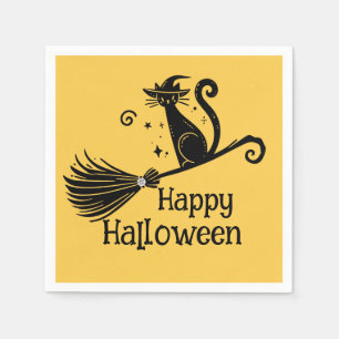 Black Witch Cat on Broomstick Halloween Napkins