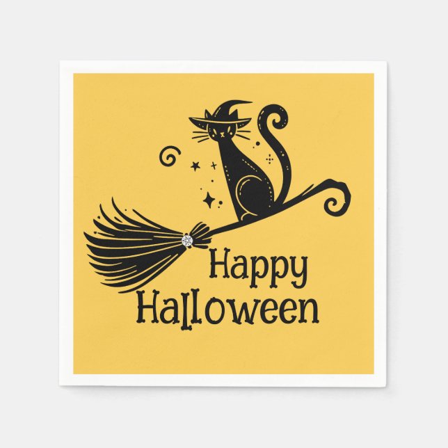 Black Witch Cat on Broomstick Halloween Napkins (Front)