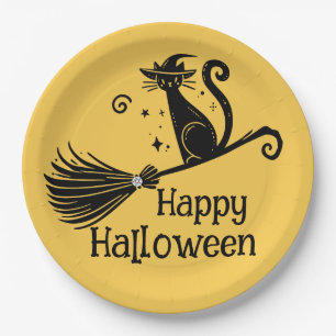 Black Witch Cat on Broomstick Halloween Paper Plates