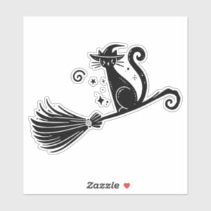 Black Witch Cat on Broomstick Halloween Sticker