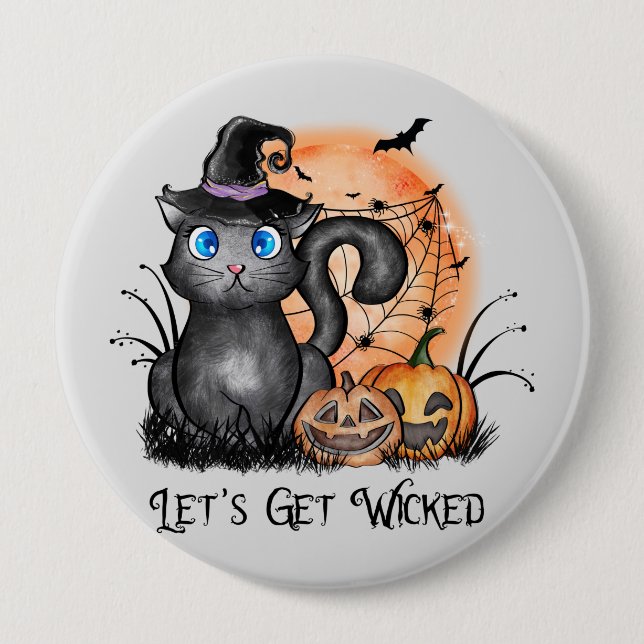 Black Witch Cat with Spider Web & Jack-O'-Lanterns Button (Front)