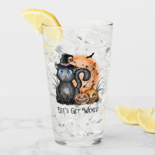 Black Witch Cat with Spider Web & Jack-O'-Lanterns Glass
