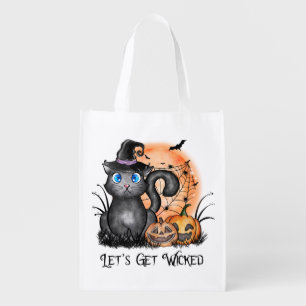 Black Witch Cat with Spider Web & Jack-O'-Lanterns Grocery Bag