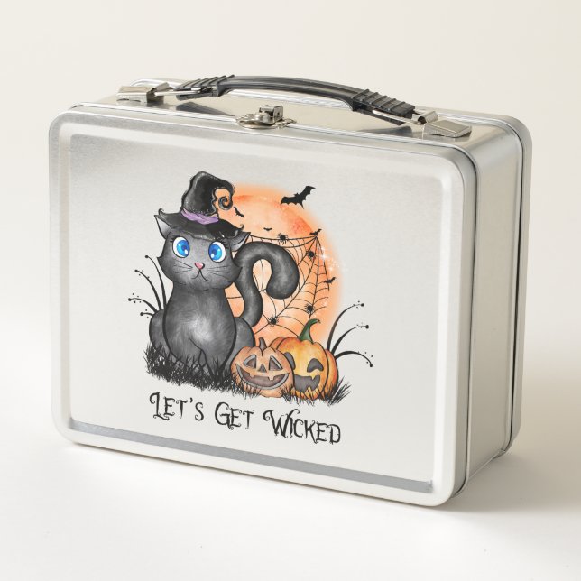 Black Witch Cat with Spider Web & Jack-O'-Lanterns Metal Lunch Box (Front)