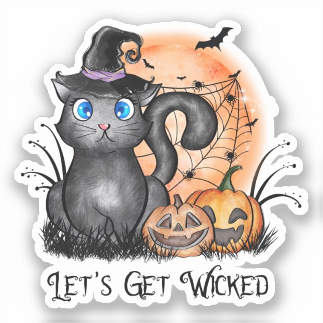 Black Witch Cat with Spider Web & Jack-O'-Lanterns Sticker (Front)